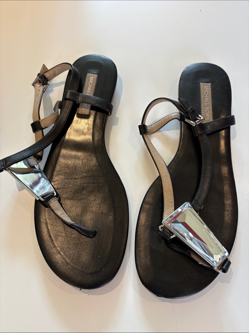 Michael Kors Black T-Strap Sandals with Crystal Accent